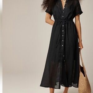 J crew Classic Black Sheer Ramie Short-Sleeve flowy Midi Dress w/ Gathered Waist